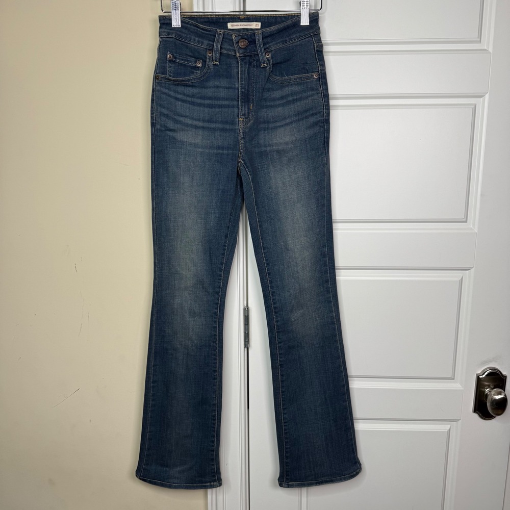 Levi's 725 High Rise Bootcut Jeans Womens 25 Blue Denim Stretch Western Boho